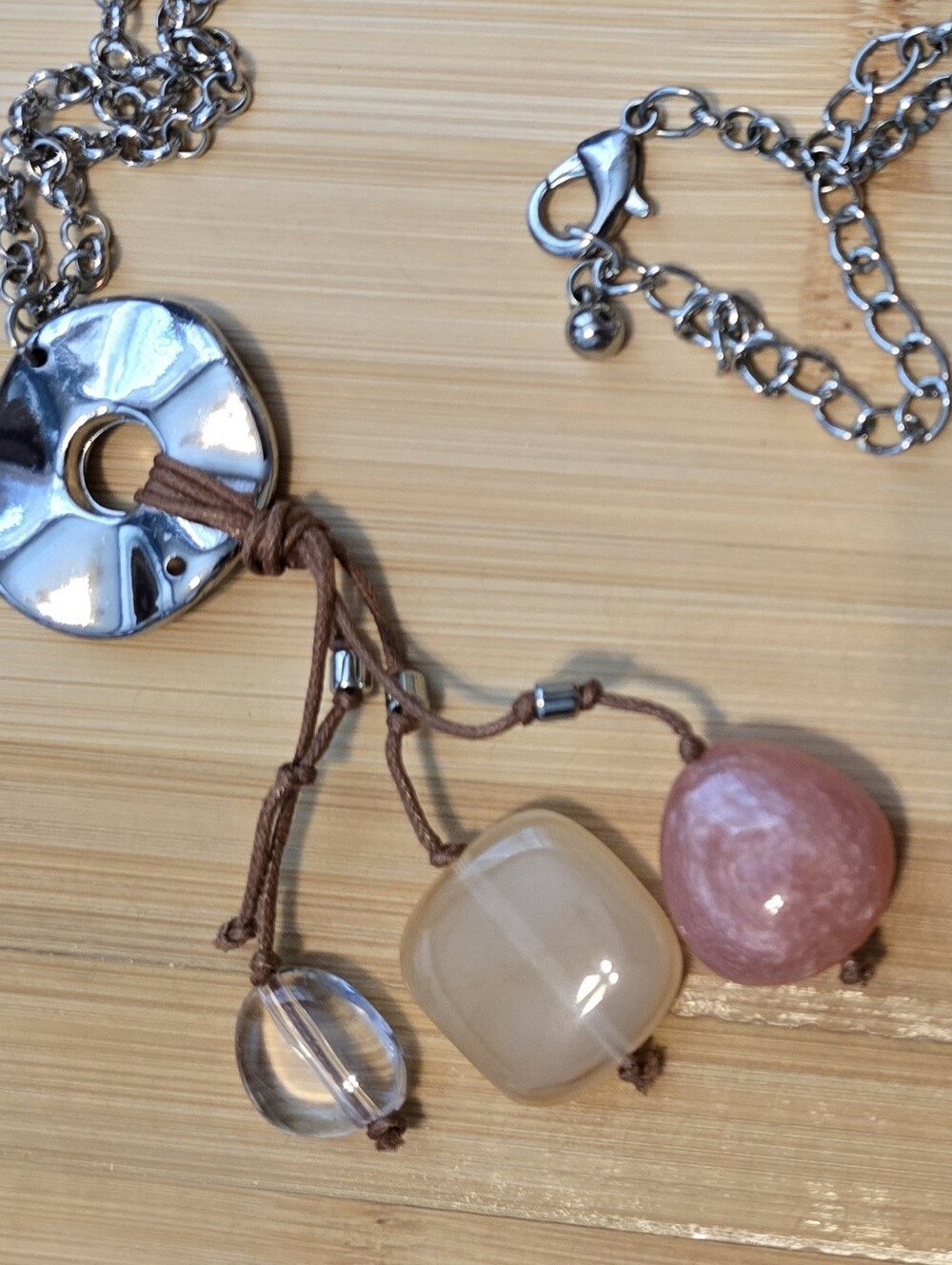 โจBoho Artisan Silver Ring Lariat Necklace Pink Quartz Bead Leather Cord Fringe - Picture 2 of 3